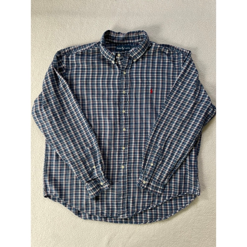 Ralph Lauren Mens XXL Button Down Shirt Blue Plaid Classic‎ Fit Long Sleeve